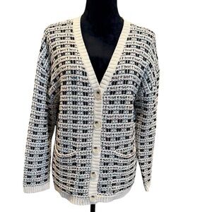Carbon2Cobalt Sweater Black White Multi Tweed Knit Cardigan Pockets Medium